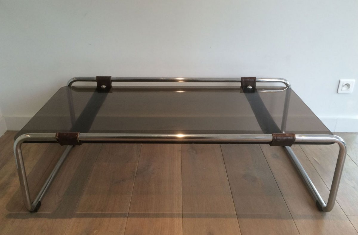 Chrome, Leather And Smoked Glass Coffee Table. French Work. Circa 1950-photo-3