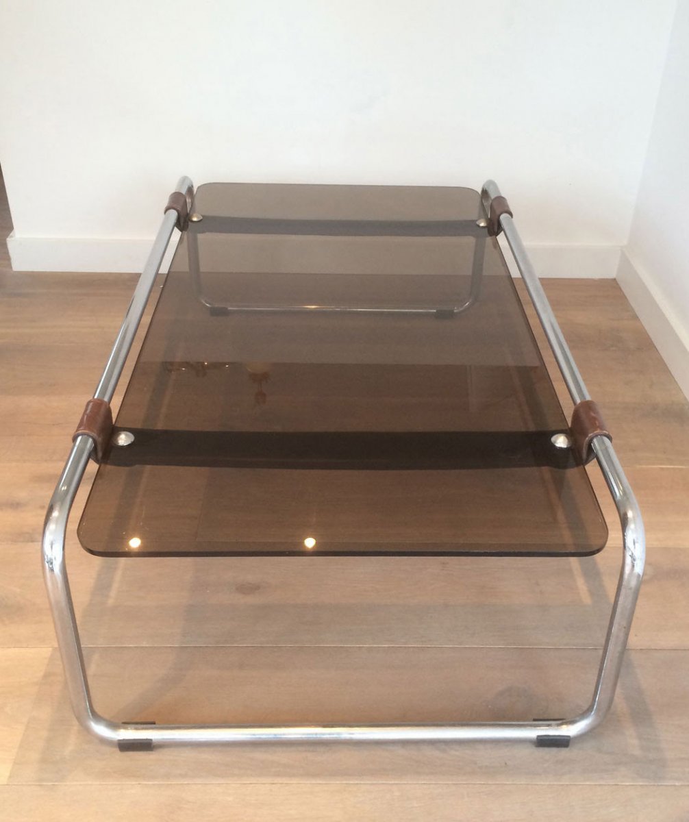 Chrome, Leather And Smoked Glass Coffee Table. French Work. Circa 1950-photo-4