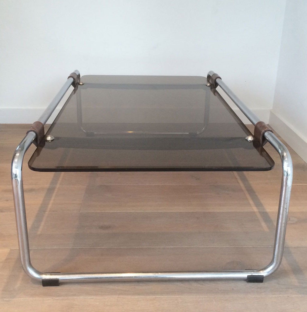 Chrome, Leather And Smoked Glass Coffee Table. French Work. Circa 1950-photo-6