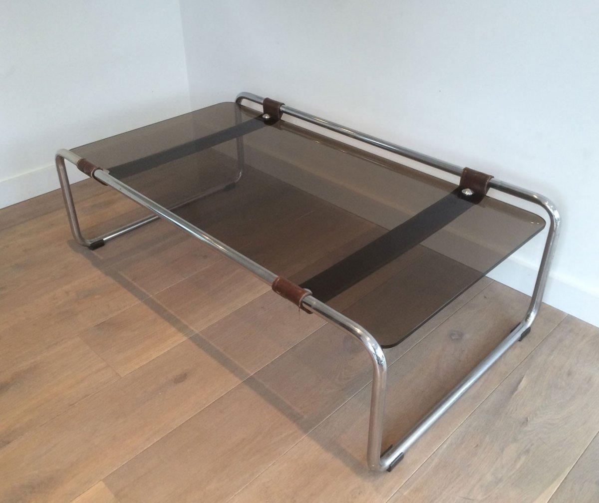 Table Basse En Chrome, Cuir Et Verre Fumé. Travail Français. Vers 1950