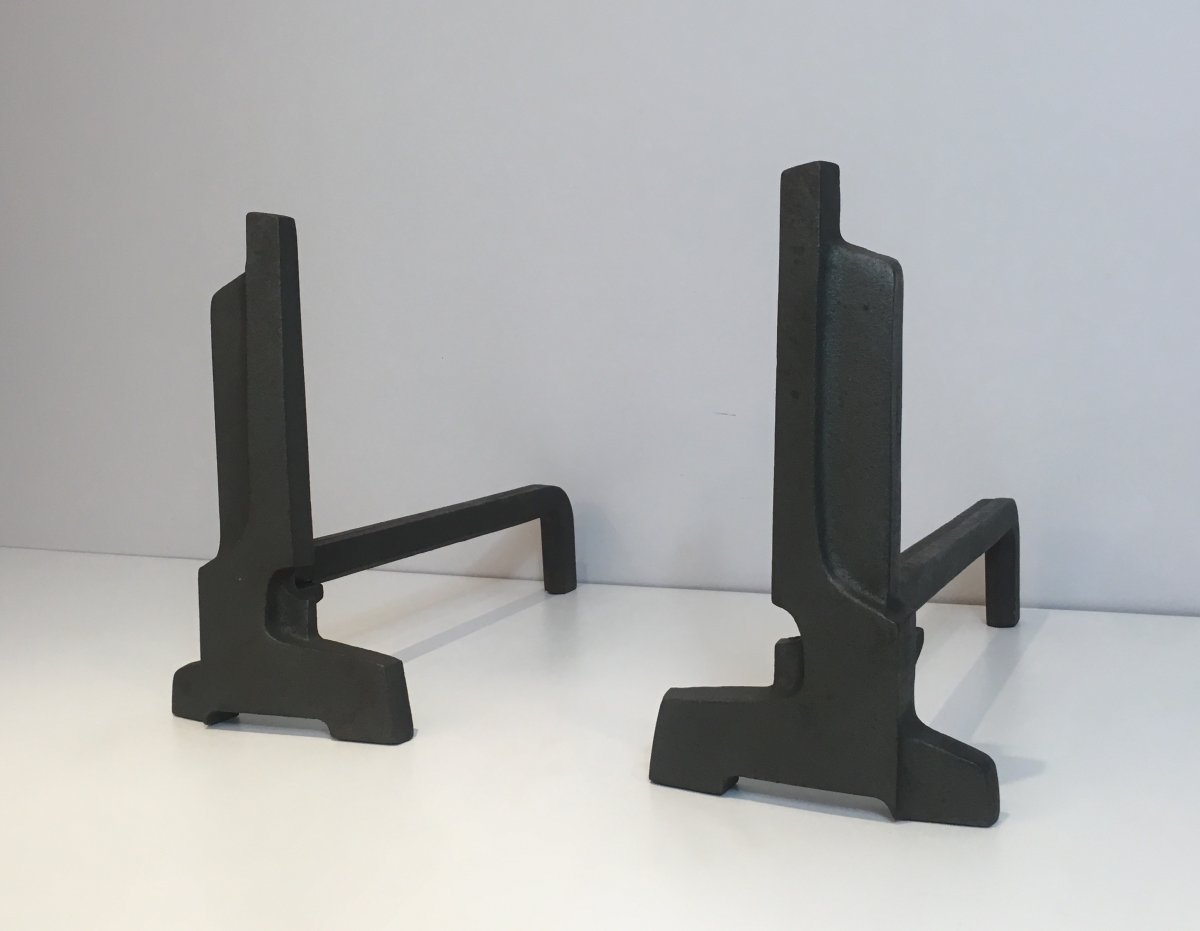 Pair Of Modernist Cast Iron Andirons. French Work. Circa 1950-photo-3