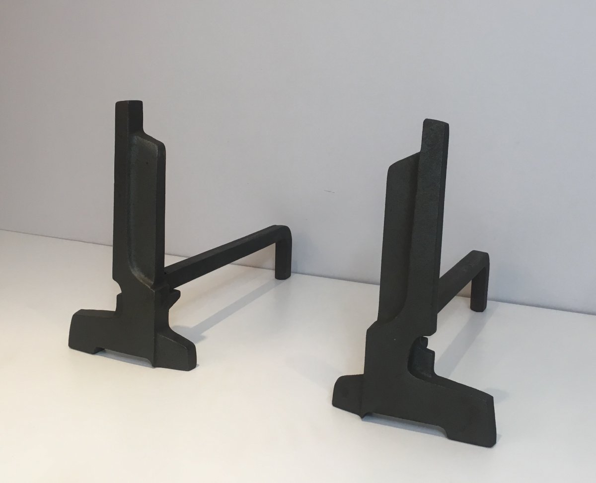 Pair Of Modernist Cast Iron Andirons. French Work. Circa 1950-photo-8