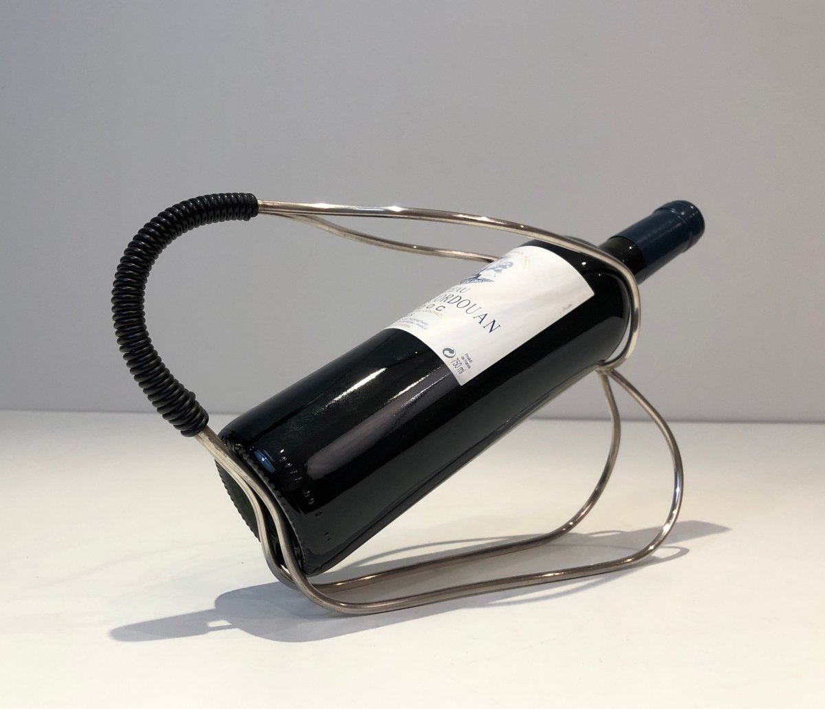 Porte-bouteille En Métal Argenté Et Plastique Noir. French. Circa 1970-photo-4