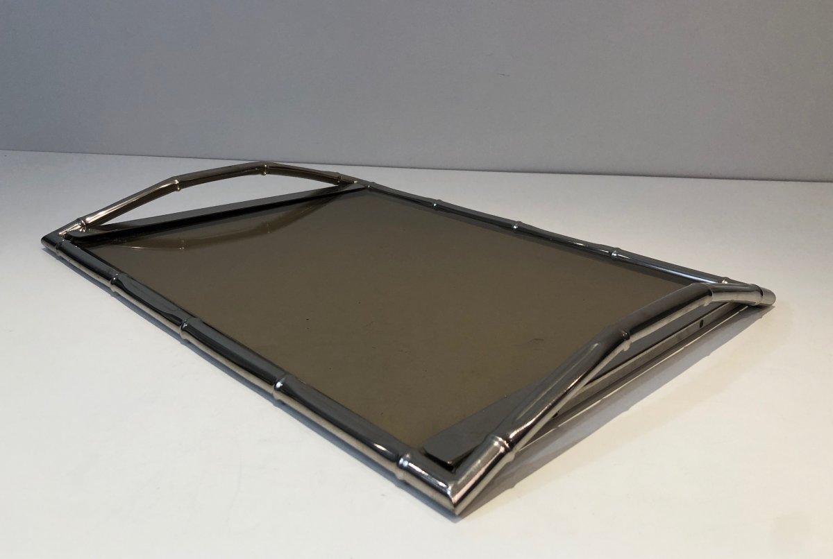 In The Style Of Jacques Adnet. Faux-bamboo Chromed Tray With Smoked Glass. French. Circa 1970-photo-1