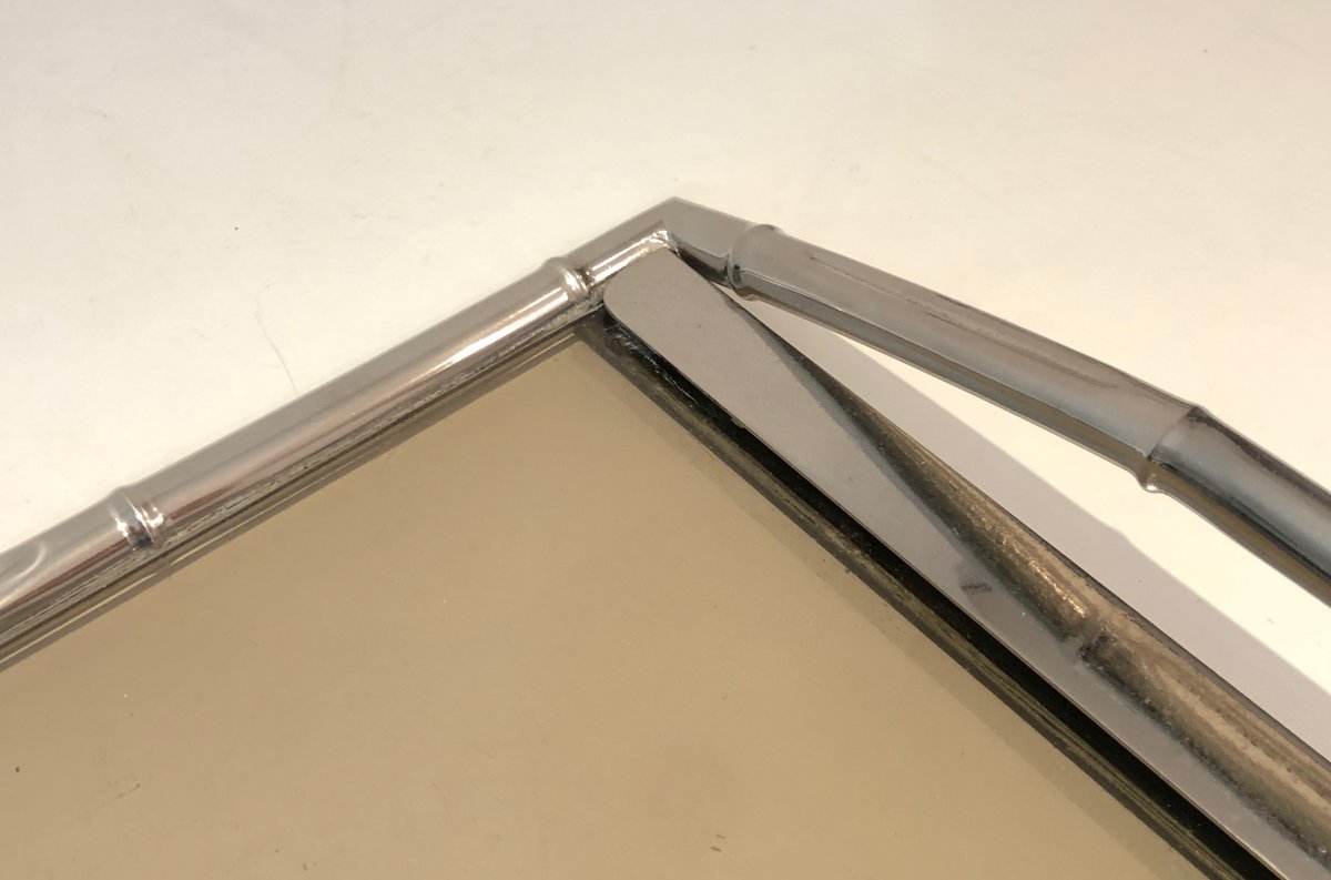 In The Style Of Jacques Adnet. Faux-bamboo Chromed Tray With Smoked Glass. French. Circa 1970-photo-4