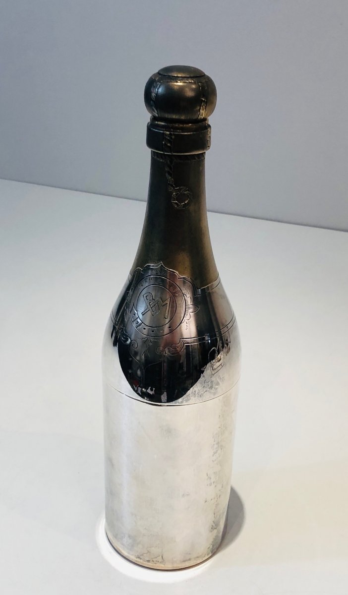 Rare Silver Plated And Brass Shaker Presenting A Champagne Bottle. French. Circa 1930-photo-3