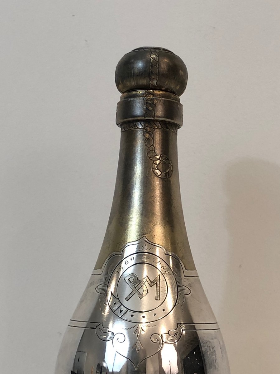 Rare Silver Plated And Brass Shaker Presenting A Champagne Bottle. French. Circa 1930-photo-4