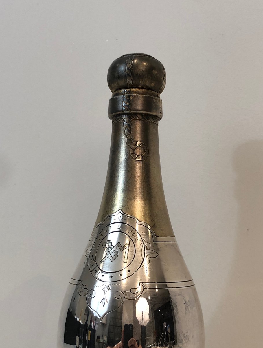 Rare Silver Plated And Brass Shaker Presenting A Champagne Bottle. French. Circa 1930-photo-1