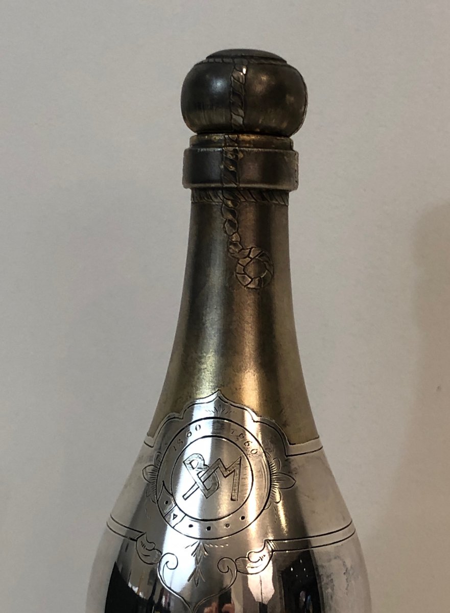 Rare Silver Plated And Brass Shaker Presenting A Champagne Bottle. French. Circa 1930-photo-7