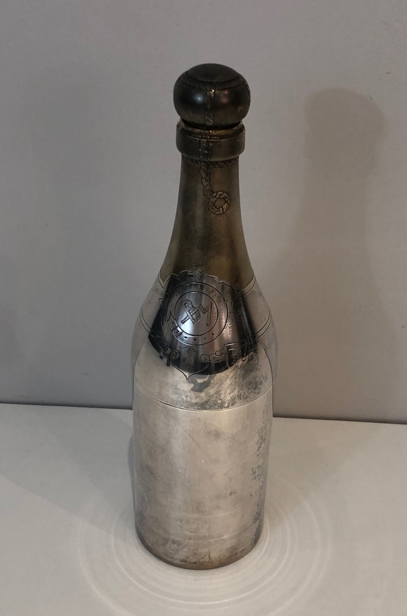 Rare Silver Plated And Brass Shaker Presenting A Champagne Bottle. French. Circa 1930