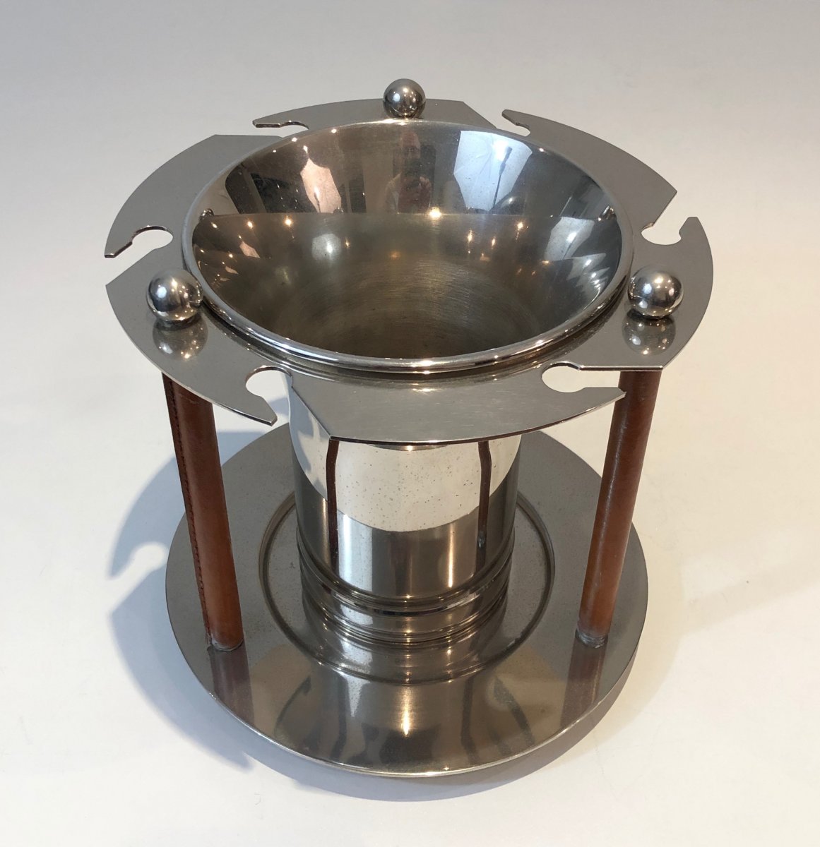 Rare Silver Plated And Leather Champagne Bucket With Flutes Holder-photo-7