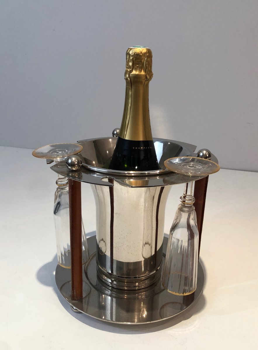 Rare Seau à Champagne Design Et Présentoir à Flûtes En Métal Argenté Et Cuir. Travail Français-photo-8