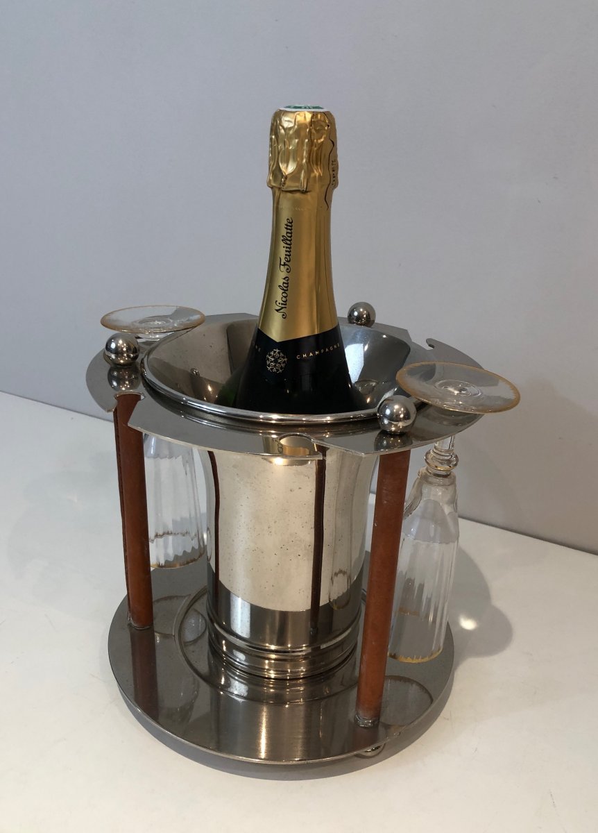 Rare Seau à Champagne Design Et Présentoir à Flûtes En Métal Argenté Et Cuir. Travail Français