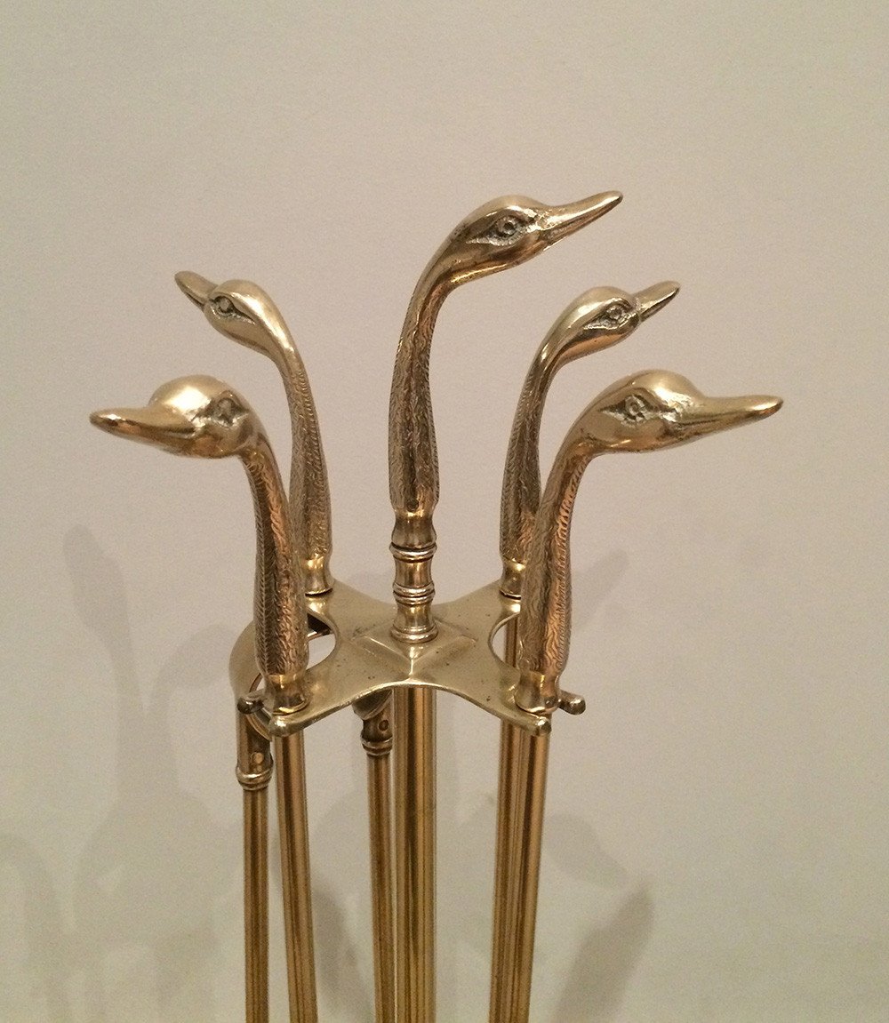 In The Style Of Maison Jansen. Brass Ducks Fire Place Tools On Stand. French. Circa 1960-photo-2