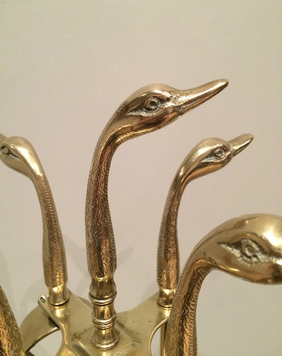 In The Style Of Maison Jansen. Brass Ducks Fire Place Tools On Stand. French. Circa 1960-photo-3