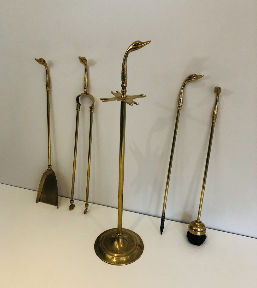 In The Style Of Maison Jansen. Brass Ducks Fire Place Tools On Stand. French. Circa 1960-photo-2