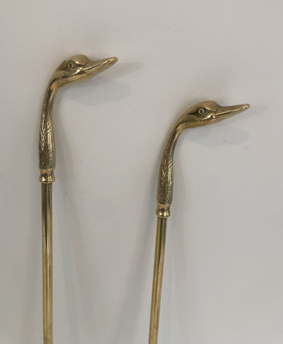 In The Style Of Maison Jansen. Brass Ducks Fire Place Tools On Stand. French. Circa 1960-photo-5