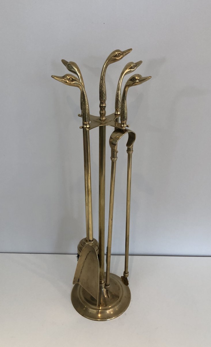 In The Style Of Maison Jansen. Brass Ducks Fire Place Tools On Stand. French. Circa 1960