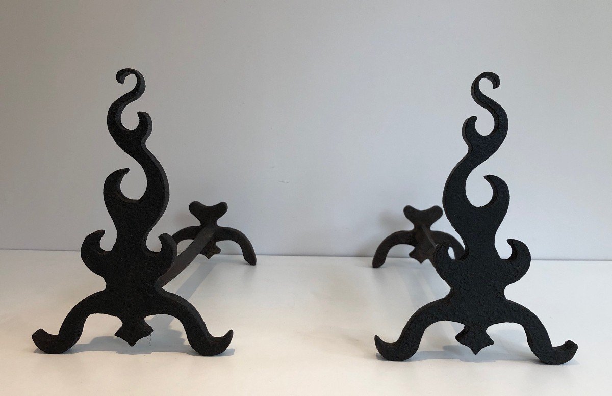 Pair Of Cast Iron Andirons. French. Circa 1940