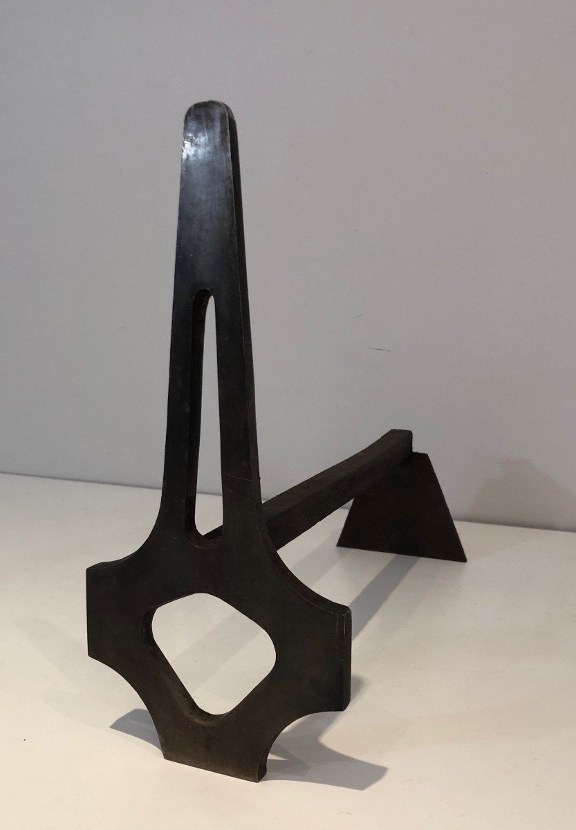 Pair Of Modernist Steel And Wrought Iron Andirons. French. Circa 1970-photo-3