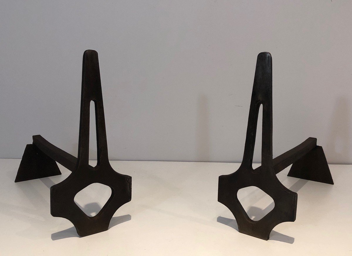 Pair Of Modernist Steel And Wrought Iron Andirons. French. Circa 1970-photo-5