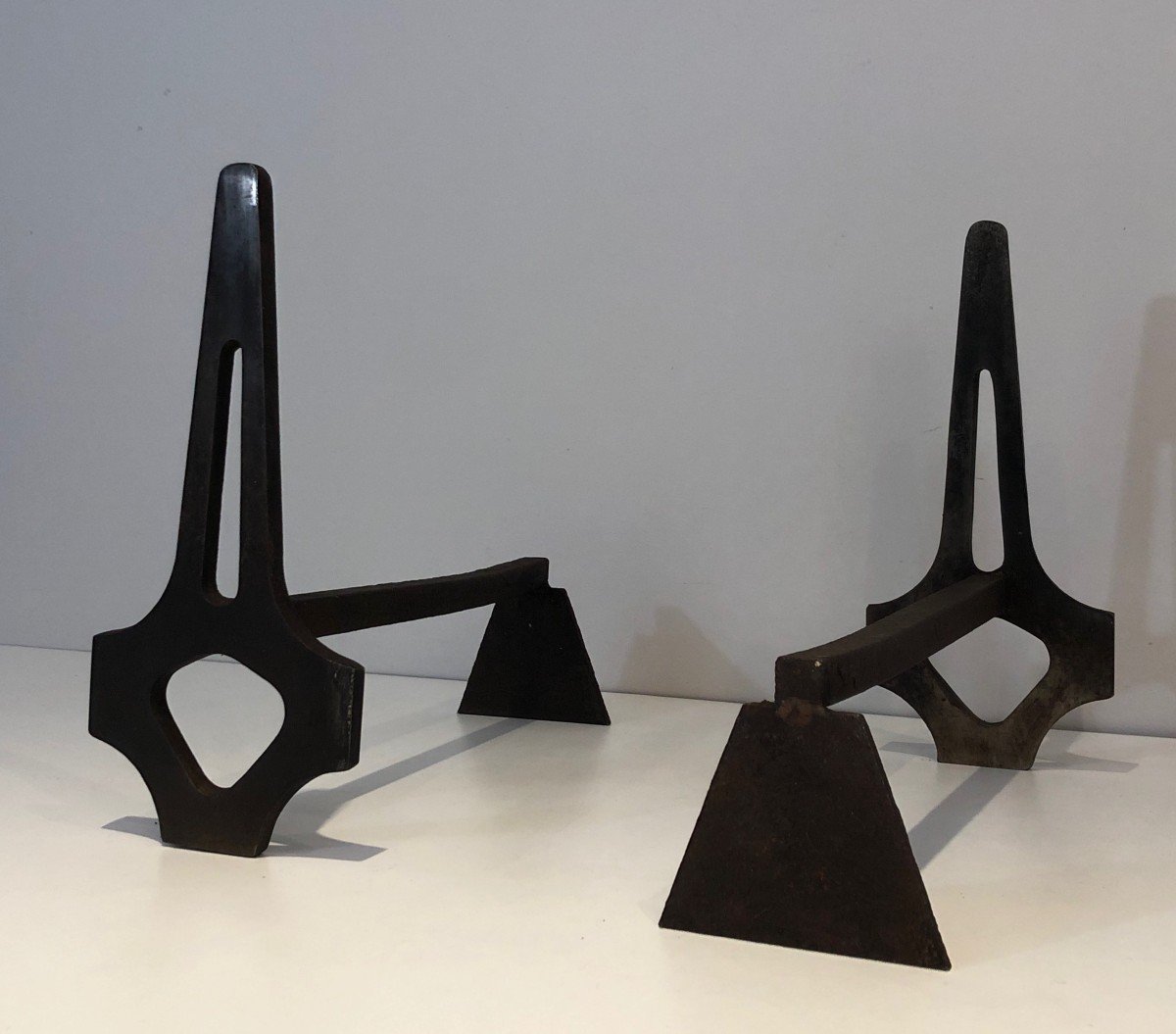 Pair Of Modernist Steel And Wrought Iron Andirons. French. Circa 1970-photo-6