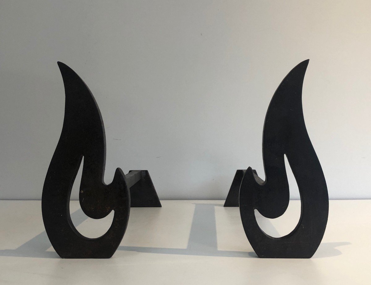 Pair Of Modernist Steel And Wrought Iron Flame Andirons. French. Circa 1970-photo-4