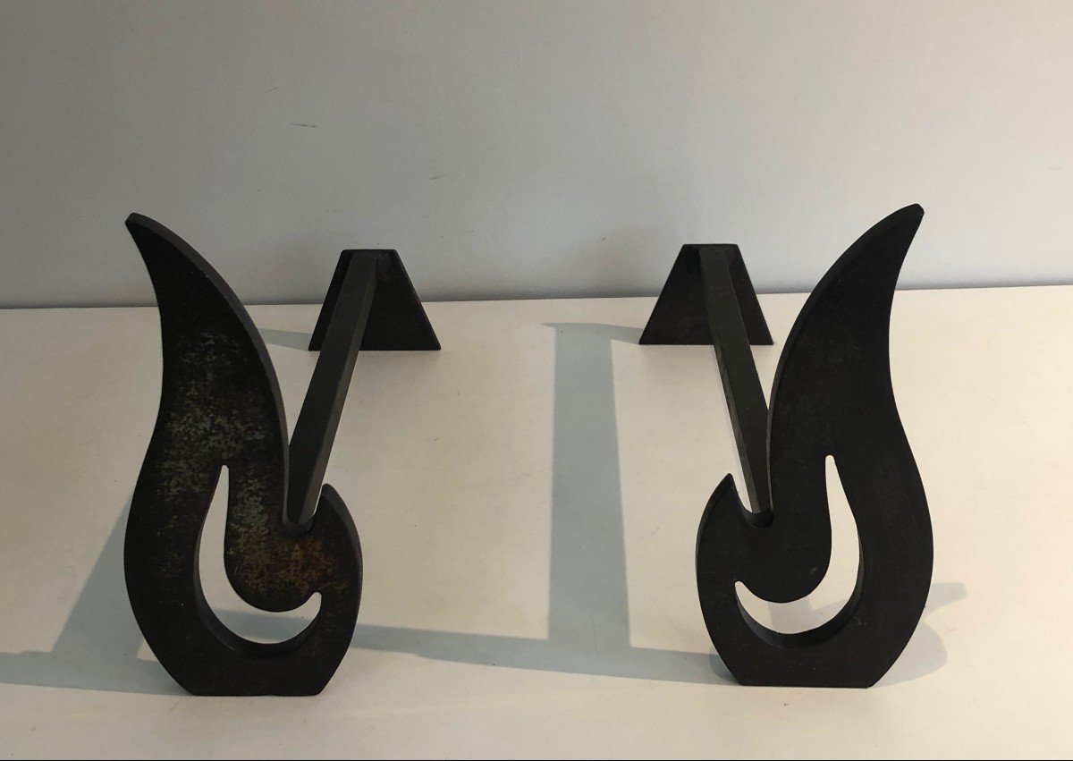 Pair Of Modernist Steel And Wrought Iron Flame Andirons. French. Circa 1970-photo-7