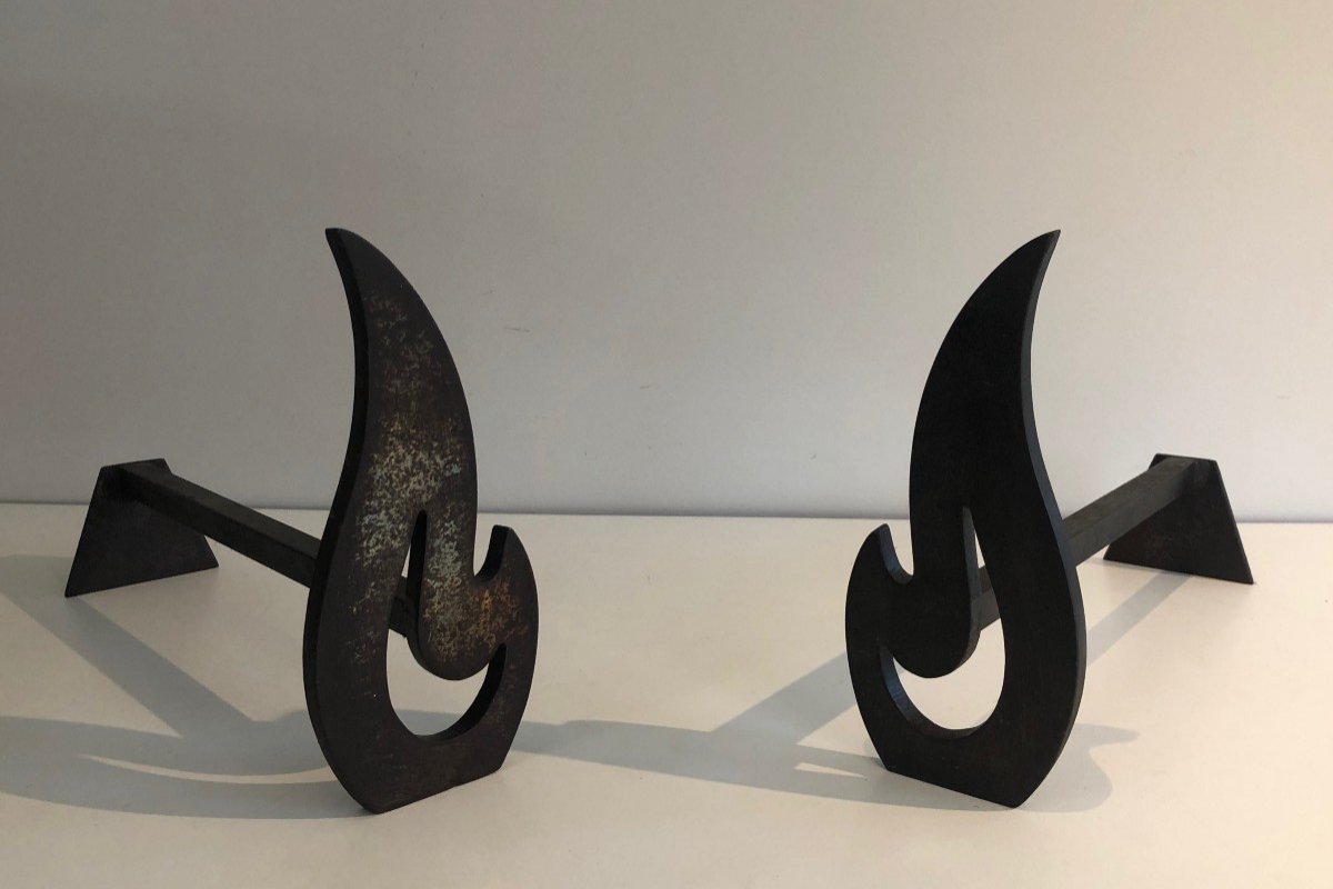 Pair Of Modernist Steel And Wrought Iron Flame Andirons. French. Circa 1970-photo-8