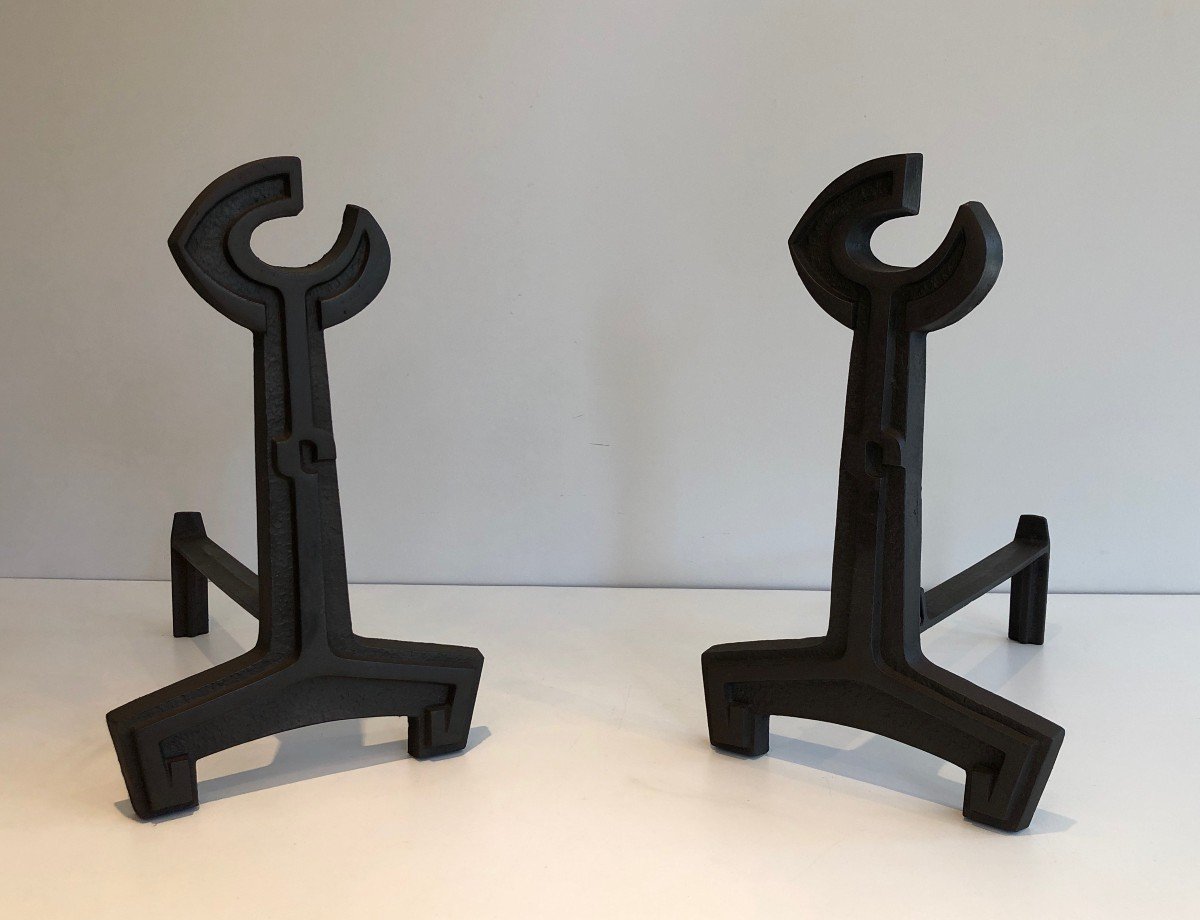 Pair Of Cast Iron And Wrought Iron Flat Key Andirons. French. Circa 1950-photo-2