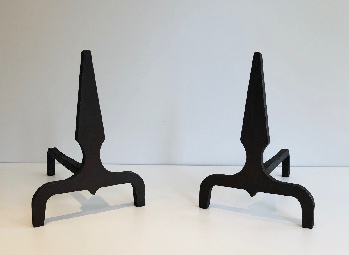 Pair Of Pyramid Steel And Wrought Iron Andirons. French. Circa 1940-photo-2