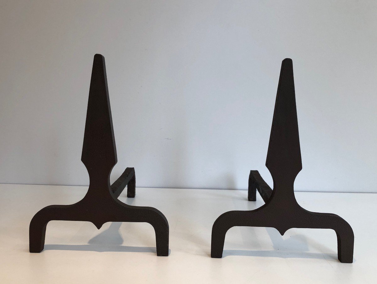 Pair Of Pyramid Steel And Wrought Iron Andirons. French. Circa 1940-photo-7