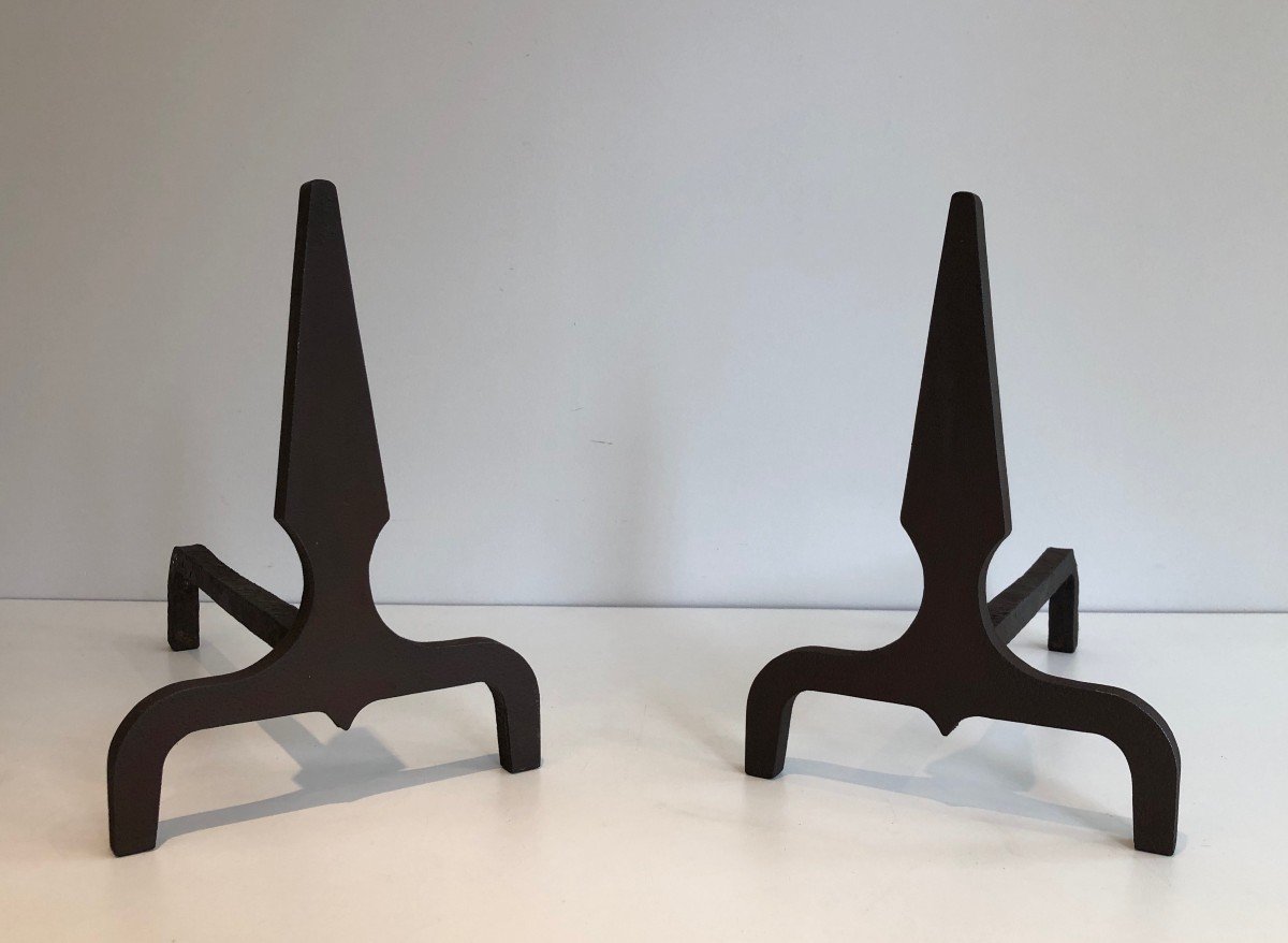 Pair Of Pyramid Steel And Wrought Iron Andirons. French. Circa 1940-photo-8