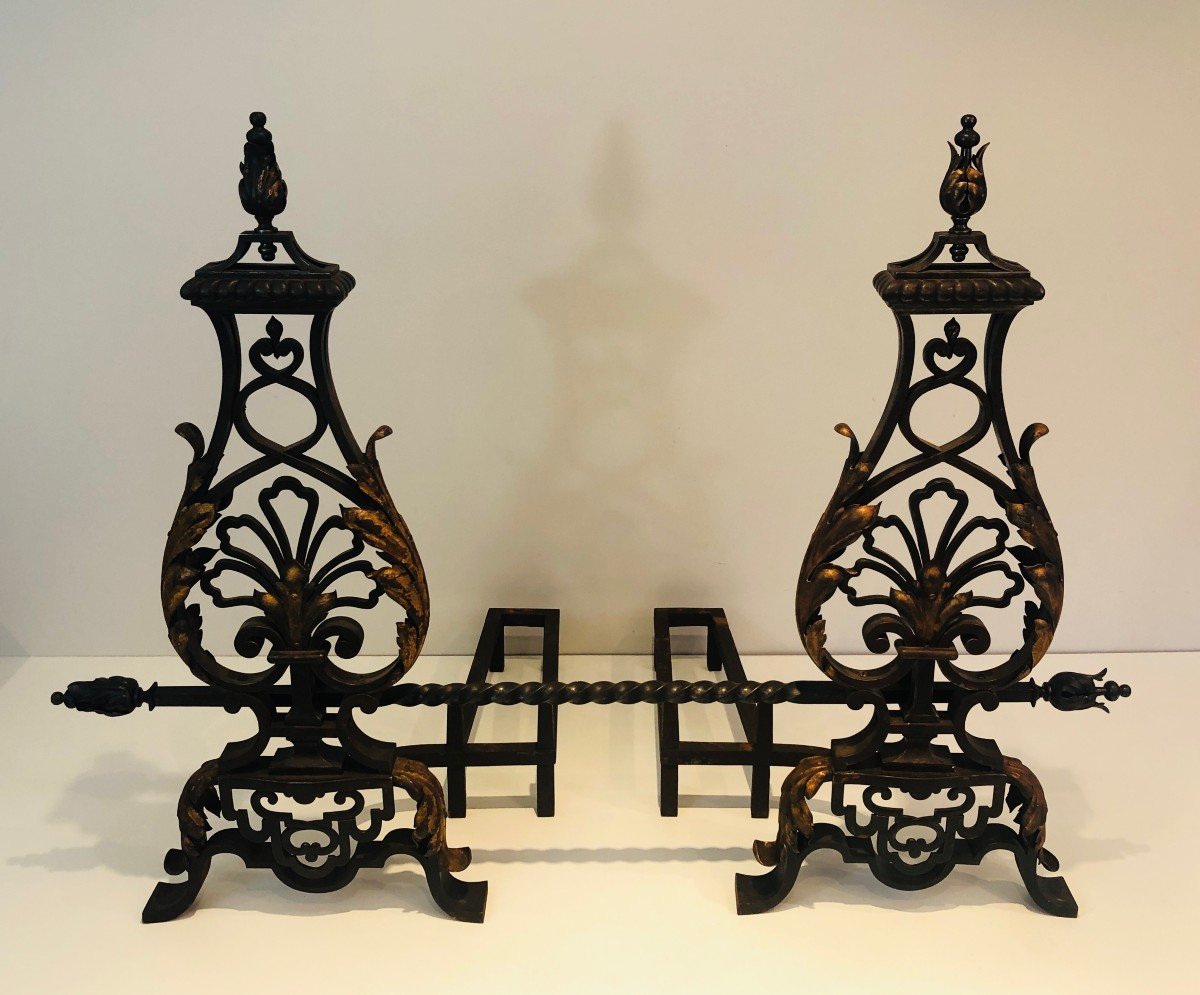 In The Taste Of Gilbert Poillerat. Important Pair Of Andirons In Wrought And Gilded Iron. Work Fr-photo-3