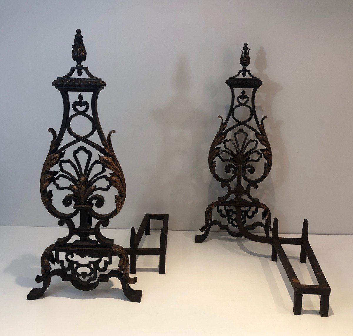 In The Taste Of Gilbert Poillerat. Important Pair Of Andirons In Wrought And Gilded Iron. Work Fr-photo-4
