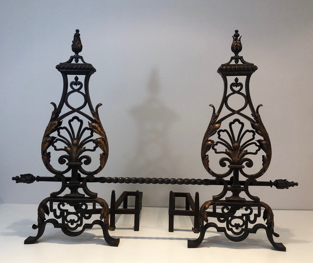 In The Taste Of Gilbert Poillerat. Important Pair Of Andirons In Wrought And Gilded Iron. Work Fr-photo-7
