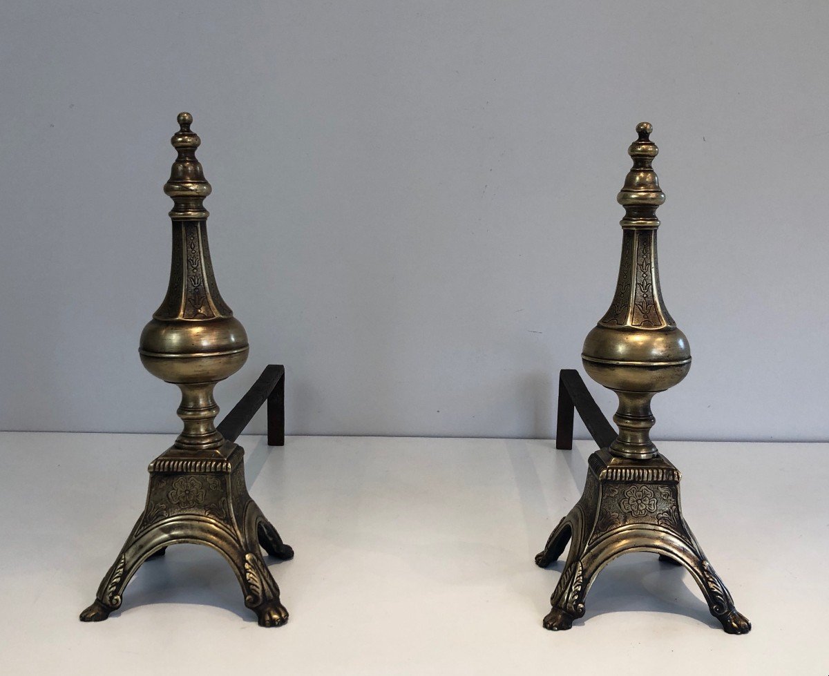 In The Taste Of Gilbert Poillerat. Important Pair Of Andirons In Wrought And Gilded Iron. Work Fr-photo-2