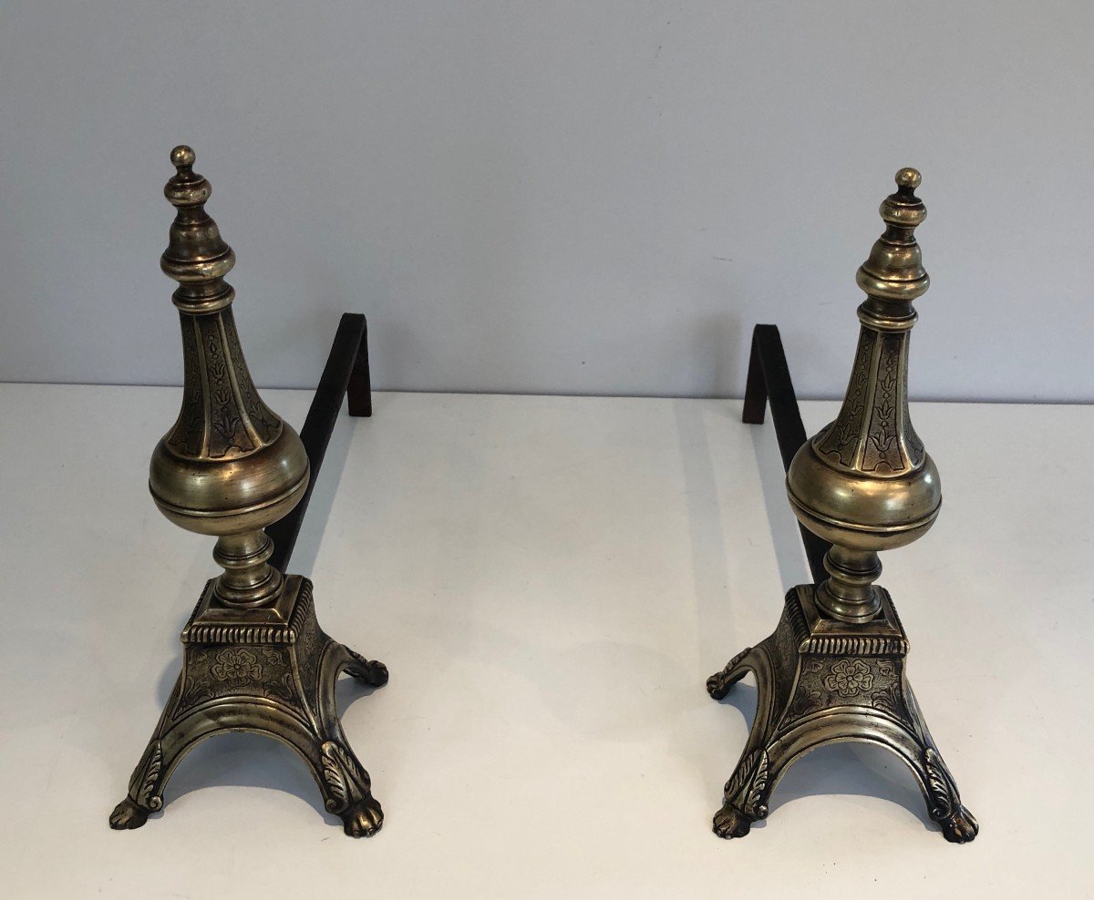 In The Taste Of Gilbert Poillerat. Important Pair Of Andirons In Wrought And Gilded Iron. Work Fr-photo-3
