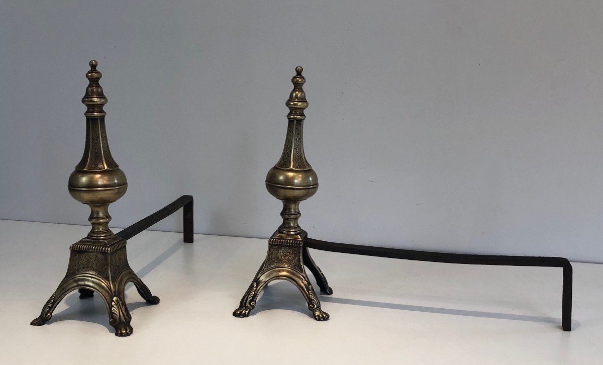In The Taste Of Gilbert Poillerat. Important Pair Of Andirons In Wrought And Gilded Iron. Work Fr-photo-1
