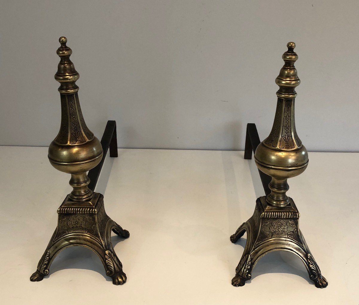 In The Taste Of Gilbert Poillerat. Important Pair Of Andirons In Wrought And Gilded Iron. Work Fr-photo-5