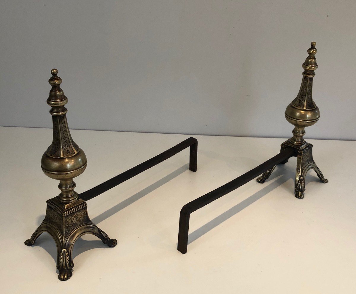 In The Taste Of Gilbert Poillerat. Important Pair Of Andirons In Wrought And Gilded Iron. Work Fr-photo-8
