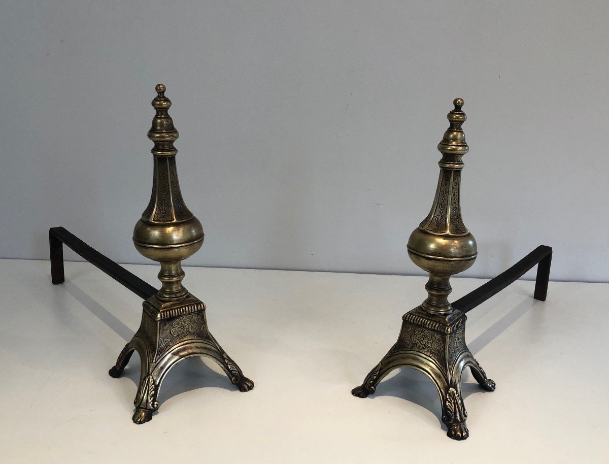 In The Taste Of Gilbert Poillerat. Important Pair Of Andirons In Wrought And Gilded Iron. Work Fr