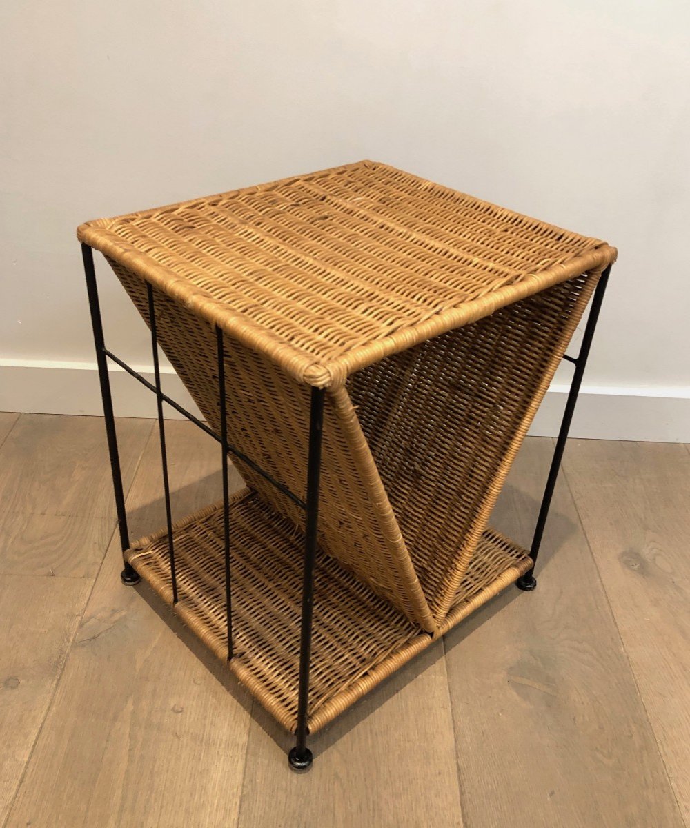 Rattan And Black Lacquered Metal Side Table. French. Circa 1970-photo-3