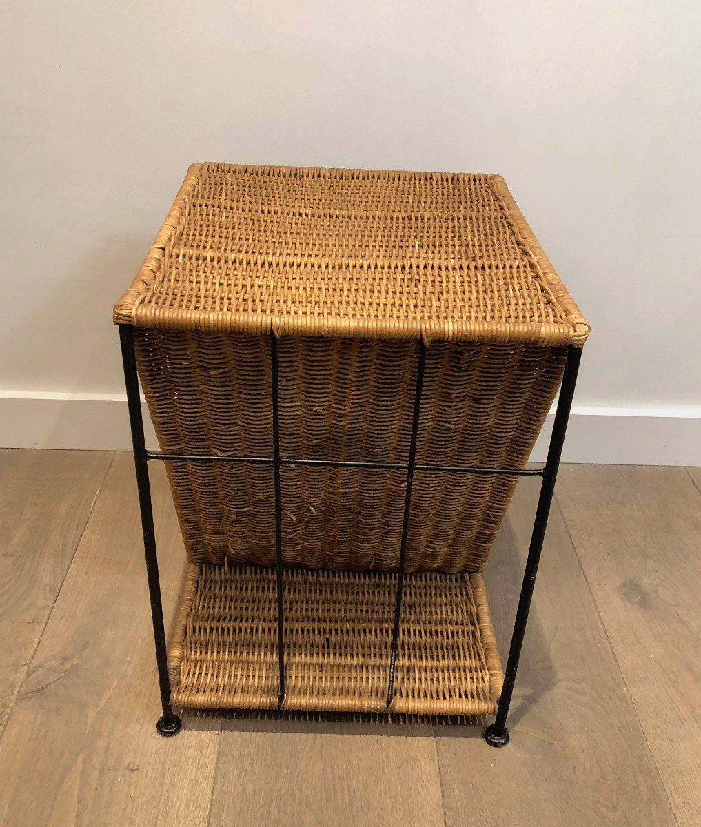 Rattan And Black Lacquered Metal Side Table. French. Circa 1970-photo-4