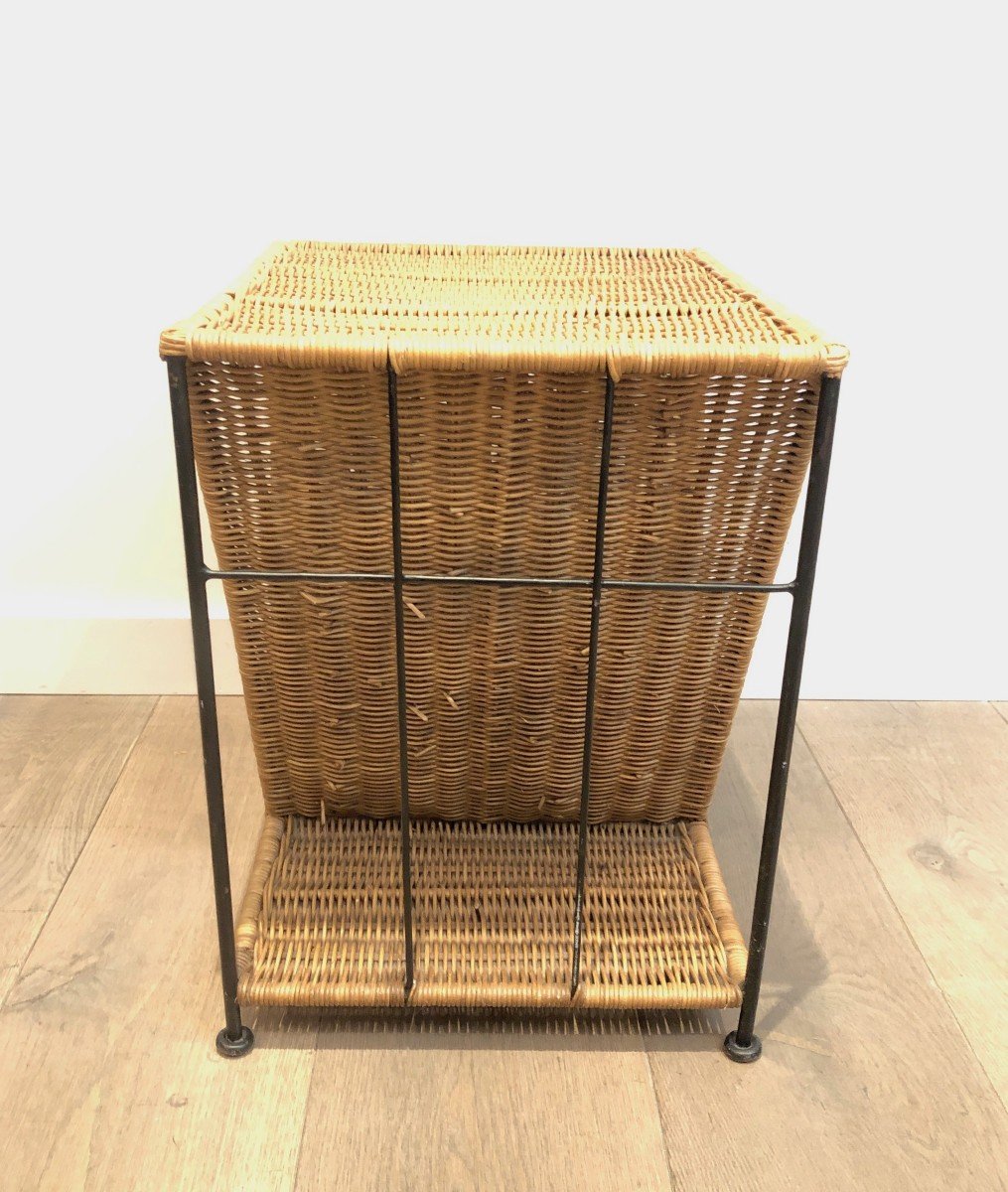 Rattan And Black Lacquered Metal Side Table. French. Circa 1970-photo-4