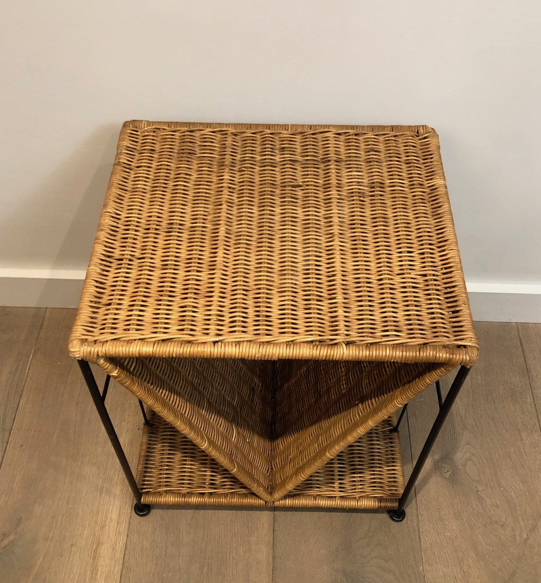 Rattan And Black Lacquered Metal Side Table. French. Circa 1970-photo-5