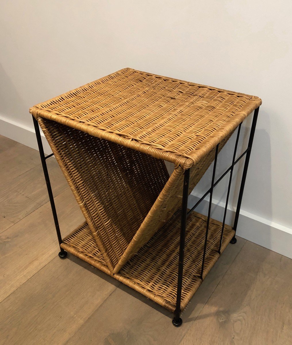 Rattan And Black Lacquered Metal Side Table. French. Circa 1970-photo-6