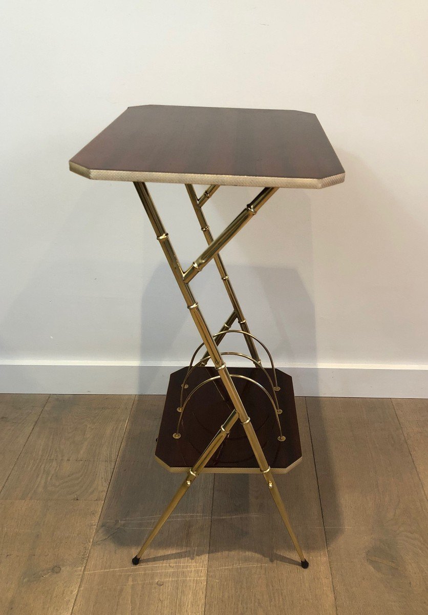 Mahogany And Faux-bamboo Gilt Metal Side Table With Magazine Rack. French. Circa 1970-photo-2