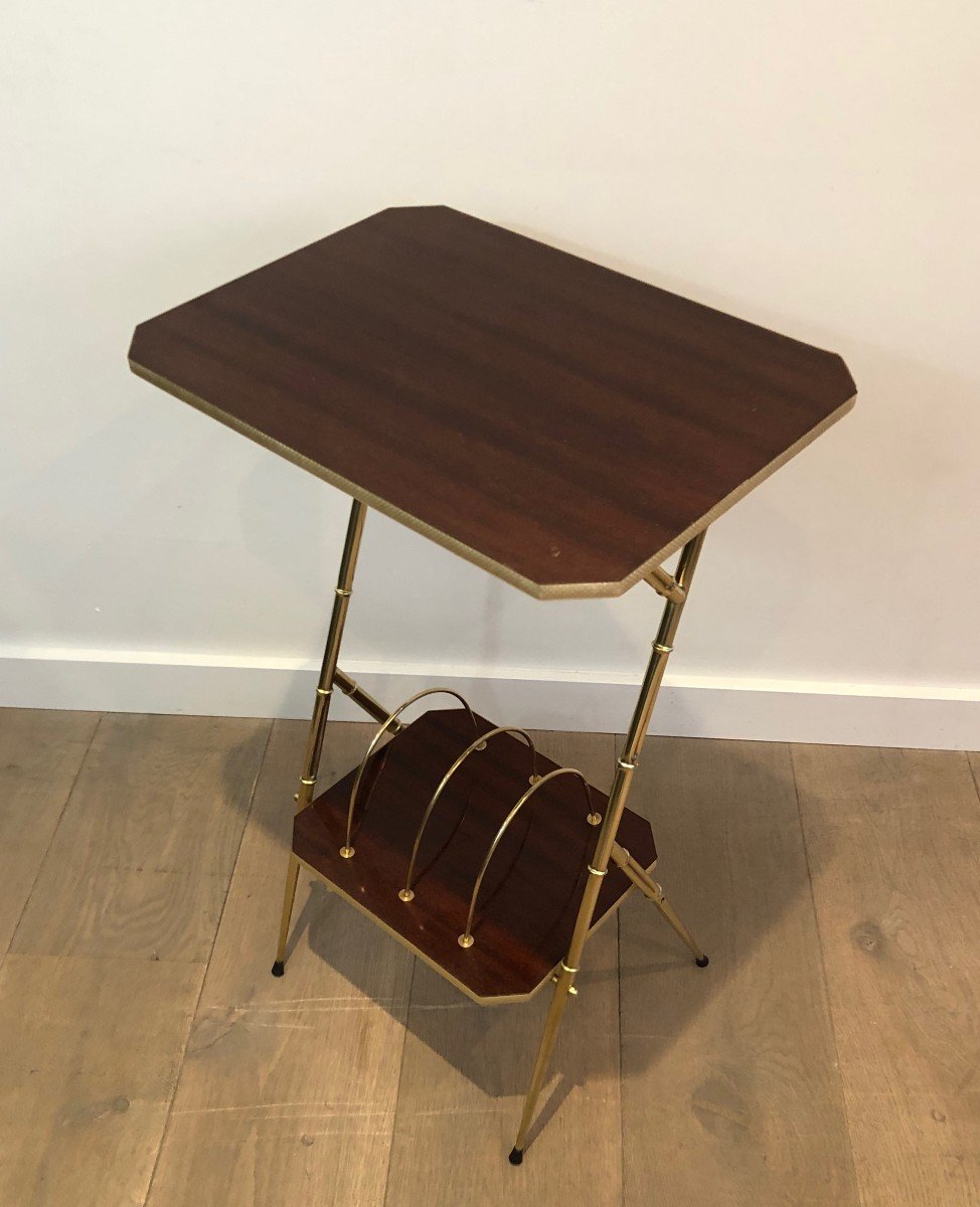Mahogany And Faux-bamboo Gilt Metal Side Table With Magazine Rack. French. Circa 1970-photo-4
