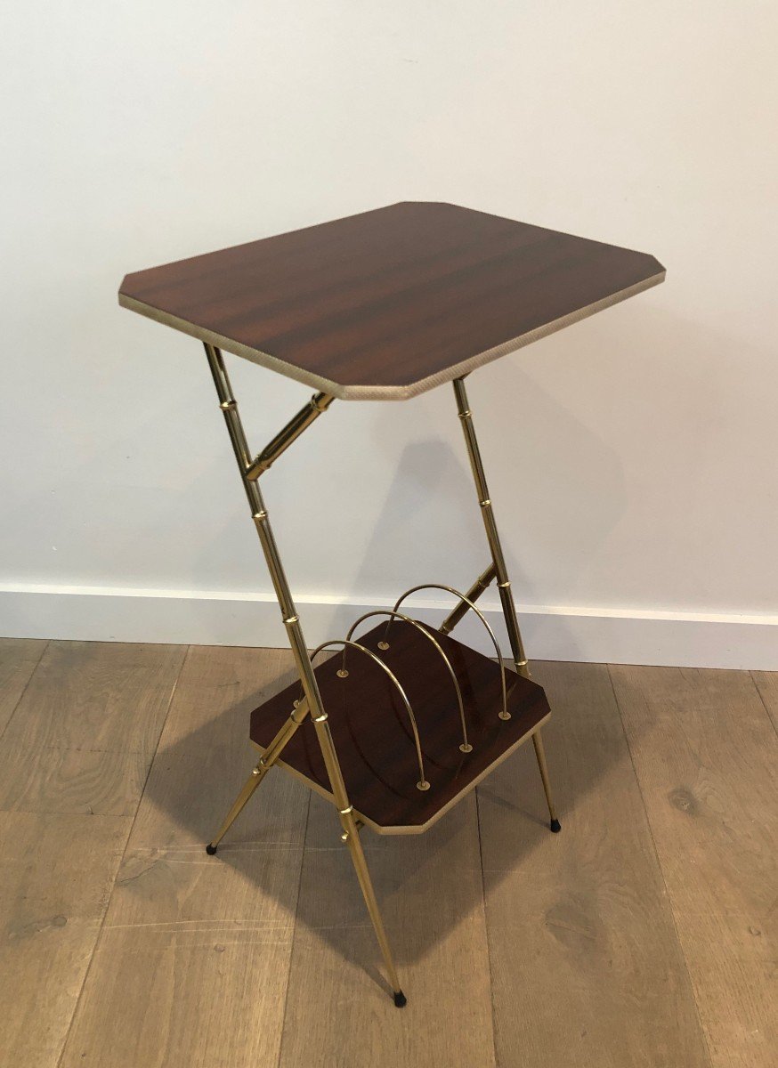 Mahogany And Faux-bamboo Gilt Metal Side Table With Magazine Rack. French. Circa 1970-photo-7